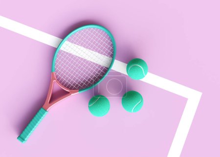 Tennis racket and ball on pink background. 3d-rendering