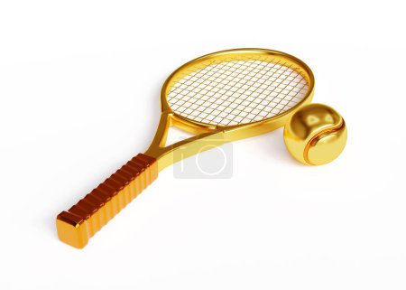 Gold tennis ball and racket isolated on white background. 3d-rendering