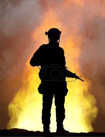 Foto de Explosión de una bomba y silueta de soldado. 3d-renderizado - Imagen libre de derechos