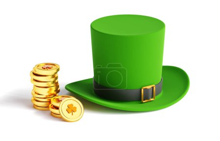 Chapeau haut de forme Saint-Patrick vert avec des pièces d'or isolées sur fond blanc. 3d-rendu