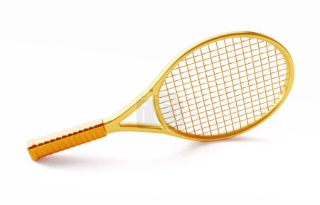Foto de Raqueta de tenis dorada aislada sobre fondo blanco. 3d-renderizado - Imagen libre de derechos