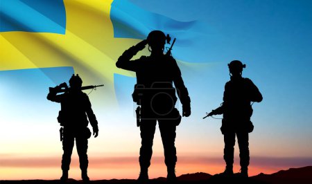 Silhouettes d'un soldat avec drapeau suédois contre le coucher du soleil