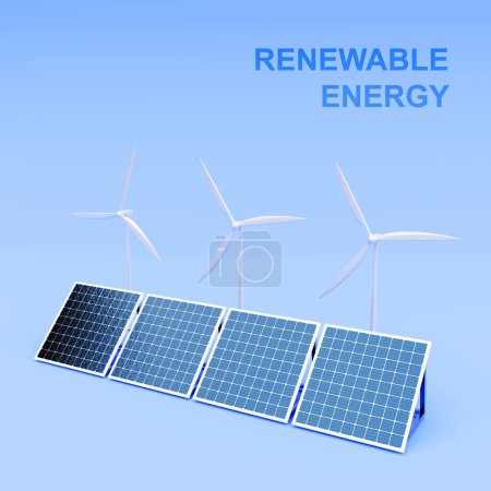 Solar panels and wind turbines on blue background. Alternative energy concept. 3d-rendering