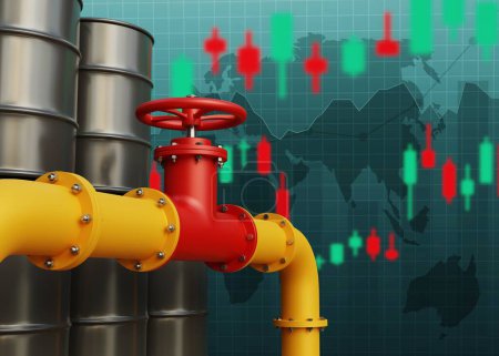 Photo for Oil barrels with gas pipeline on background of growth bar chart background. Oil price rising concept. 3d-rendering - Royalty Free Image