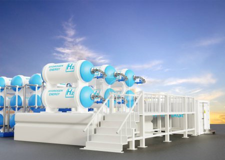 Foto de Concepto de fábrica de hidrógeno verde. Gasoducto de hidrógeno para electricidad limpia. Producción de hidrógeno a partir de fuentes de energía renovables. 3d-renderizado - Imagen libre de derechos