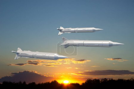 Missiles fly to the target. Missiles against the sunset. Missile defense. 3d-rendering