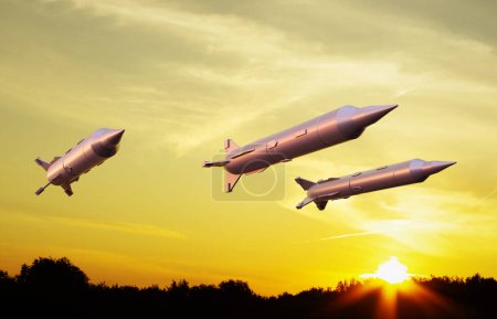 Raketen fliegen auf das Ziel. Raketen gegen den Sonnenuntergang. Raketenabwehr. 3d-rendering