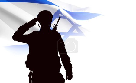 Silhouette of soldier isolated on white background and Israel flag. Concept - armed forces of Israel
