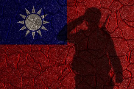 Taiwan-Flaggen an einer rissigen Wand mit grüßendem Soldatenschatten. 3d-rendering