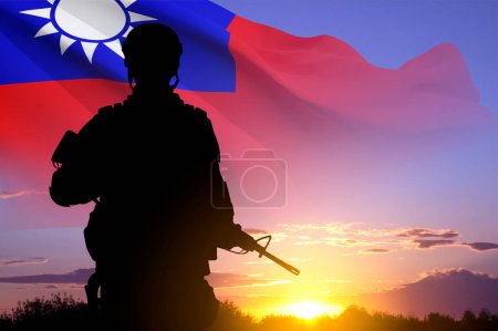 Silhouette eines Soldaten gegen den Sonnenuntergang mit taiwanesischer Flagge