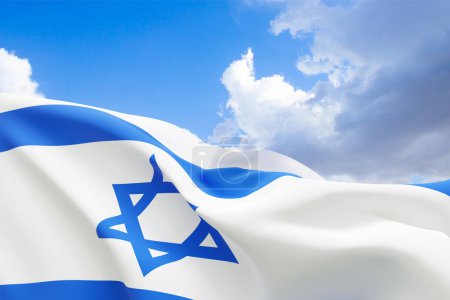 Israel flag with a star of David over cloudy sky background