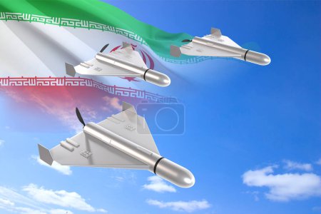 Combat drones with Iran flag on background of sky. 3d-rendering