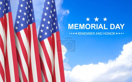 Memorial Day - Erinnern und Ehren Hintergrund. Feierlichkeiten zum US-Gedenktag. Flaggen der USA im Hintergrund des Himmels