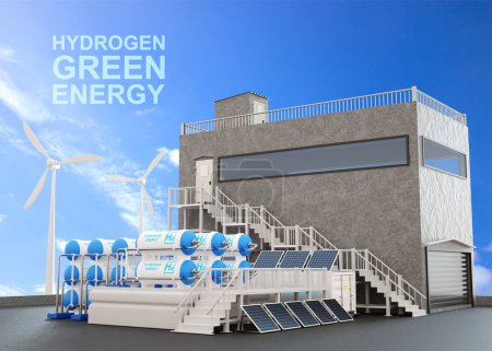 Foto de Concepto de planta de energía de hidrógeno. Gasoducto de hidrógeno para electricidad limpia. Producción de hidrógeno a partir de fuentes de energía renovables. 3d-renderizado - Imagen libre de derechos
