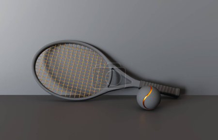 Schwarz-goldener Tennisball und Schläger auf dunklem Hintergrund. 3d-rendering