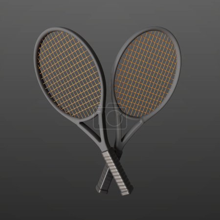 Black and gold tennis rackets on dark background. 3d-rendering