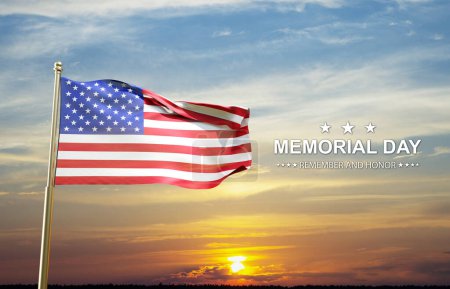 Memorial Day - Remember and Honor background. USA Memorial Day celebration. Flag of USA against the sunset sky