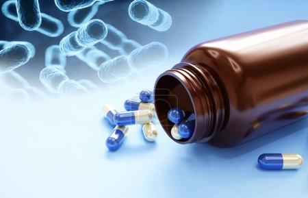 Plastic bottle with pills and lactobacillus on background. Probiotic in capsule. Human microbiome concept. 3d-rendering