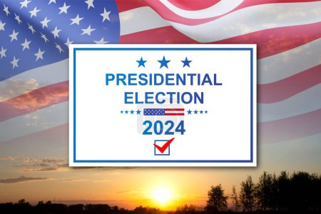 Presidential Election 2024 in United States. Vote day, November 5. US Election campaign. USA flag against the sunset
