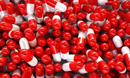Viele rot-weiße Kapseln. Medizin-Pharmazie. Gesundheits- und Medizinkonzept. 3d-rendering