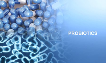 Probiotics banner template. Probiotic in capsule. Human microbiome concept. Health and medicine concept. 3d-rendering