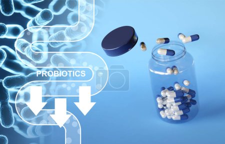 Plantilla de banner de probióticos. Probiótico en cápsula. Concepto de microbioma humano. Concepto de salud y medicina. 3d-renderizado