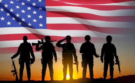 Illustration for Silhouette of army soldier with USA flag. Greeting card for Veterans Day, Memorial Day, Independence Day. Armed Force concept. EPS10 vector - Royalty Free Image