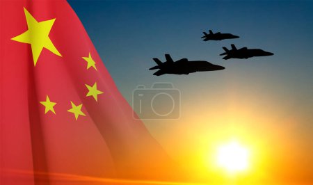 Illustration for Silhouette of military aircraft on background of sunset and China flag. Air Force concept. EPS10 vector - Royalty Free Image