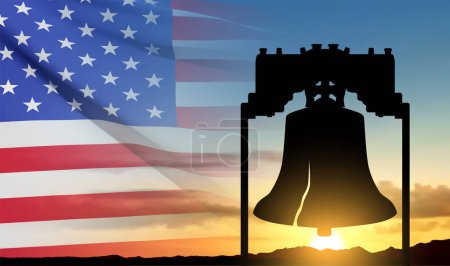 Téléchargez les illustrations : SIlhouette of The Liberty Bell as symbols of freedom and justiceon background of sunset. Concept - National Freedom Day. February 1. EPS10 vector - en licence libre de droit