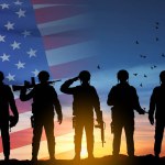 Silhouette of army soldier with USA flag. Greeting card for Veterans Day, Memorial Day, Independence Day. Armed Force concept. EPS10 vector