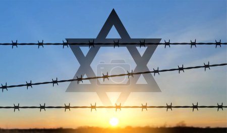 Illustration for International Holocaust Remembrance Day. Jewish star with barbed wire on a sunset. January 27. EPS10 vector - Royalty Free Image