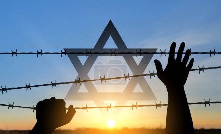 Illustration for International Holocaust Remembrance Day. Silhouette of hand with barber wire and Jewish star on a sunset. January 27. EPS10 vector - Royalty Free Image