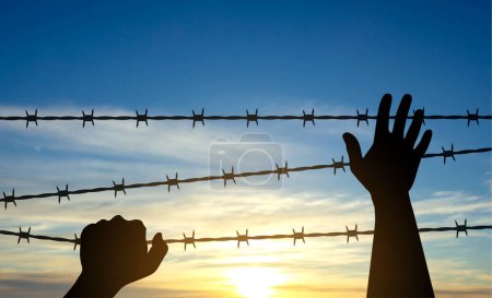 Illustration for International Holocaust Remembrance Day. Silhouette of hand with barber wire on a sunset. January 27. EPS10 vector - Royalty Free Image