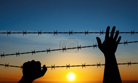 Ilustración de International Holocaust Remembrance Day. Silhouette of hand with barber wire on a sunset. January 27. EPS10 vector - Imagen libre de derechos