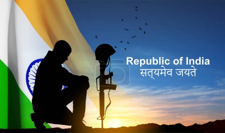 Foto de Silhouette of soldier kneeling down on a background of sunset and India flag. Greeting card for National Holidays. Translation from Sanskrit - Truth Alone Triumphs. EPS10 vector - Imagen libre de derechos
