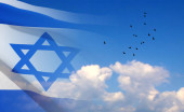 Israel flag on background of sky. Patriotic background. EPS10 vector Longsleeve T-shirt #635585770