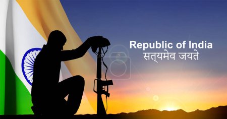Foto de Silhouette of soldier kneeling down on a background of sunset and India flag. Greeting card for National Holidays. EPS10 vector - Imagen libre de derechos
