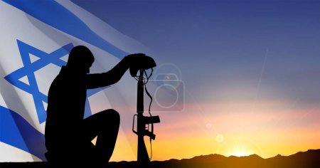 Ilustración de Silhouette of soldier kneeling down on a background of sunset and Israel flag. Greetning card for National Holidyas. EPS10 vector - Imagen libre de derechos