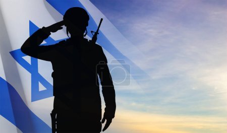 Illustration for Silhouette of soldier with Israel flag against the sunrise. Concept - armed forces of Israel. EPS10 vector - Royalty Free Image
