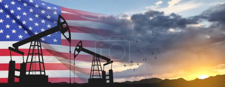 Ilustración de Silhouette of Oil pump. Industrial machine for petroleum on background of sunset. USA Oil Industry concept. EPS10 vector - Imagen libre de derechos