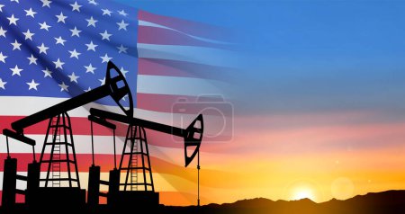 Ilustración de Silhouette of Oil pump. Industrial machine for petroleum on background of sunset. USA Oil Industry concept. EPS10 vector - Imagen libre de derechos