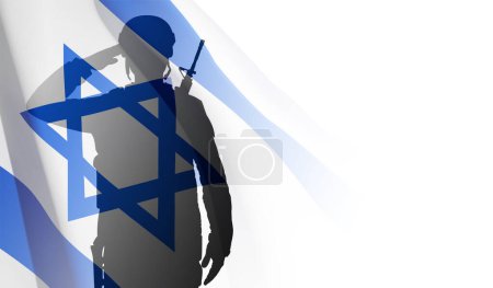 Ilustración de Silhouette of soldier with Israel flag on white background. Concept - armed forces of Israel. EPS10 vector - Imagen libre de derechos