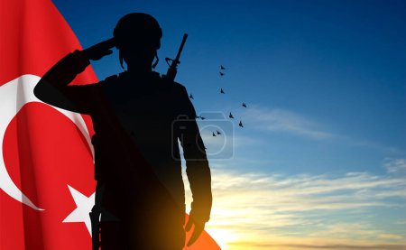 Illustration for Silhouette of saluting soldier with Turkey flag on the sunset. Greeting card for Turkish Armed Forces Day, Victory Day, National Holidays. EPS10 vector - Royalty Free Image