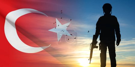 Illustration for Silhouette of soldier with Turkey flag on the sunset. Greeting card for Turkish Armed Forces Day, Victory Day, National Holidays. EPS10 vector - Royalty Free Image