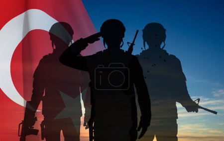 Illustration for Silhouette of soldiers with Turkey flag on the sunset. Greeting card for Turkish Armed Forces Day, Victory Day, National Holidays. EPS10 vector - Royalty Free Image
