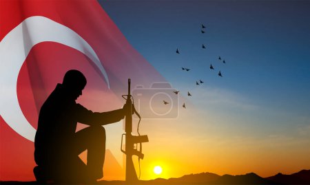 Téléchargez les illustrations : Silhouette of soldier kneeling down on the sunset and Turkey flag. Greeting card for Turkish Armed Forces Day, Victory Day, National Holidays. EPS10 vector - en licence libre de droit