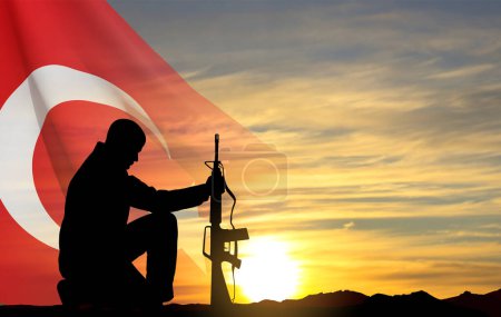 Illustration for Silhouette of soldier kneeling down on the sunset and Turkey flag. Greeting card for Turkish Armed Forces Day, Victory Day, National Holidays. EPS10 vector - Royalty Free Image