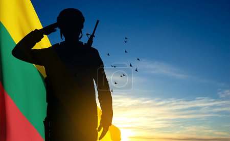 Téléchargez les illustrations : Silhouette of soldier with the flag of Lithuania on background of sunset. Armed forces of Lithuania. Greeting card - Armed Forces day. EPS10 vector - en licence libre de droit