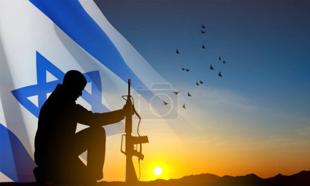 Silhouette of soldier kneeling down on a background of sunset and Israel flag. Greetning card for National Holidyas. EPS10 vector