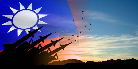 Illustration for The missiles at the sunset with Taiwan flag. Nuclear bomb, chemical weapons, missile defense, a system of salvo fire. EPS10 vector - Royalty Free Image